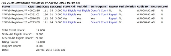 Screenshot of registration compliance